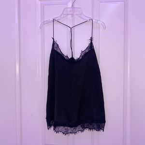black tank with eyelash lace on neckline and trim